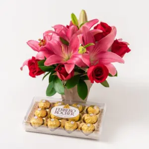 Arranjo de Lírios e Chocolate