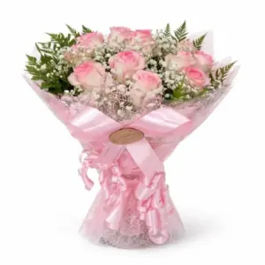 Buquê Com 12 Rosas Rosadas E Gypsophila